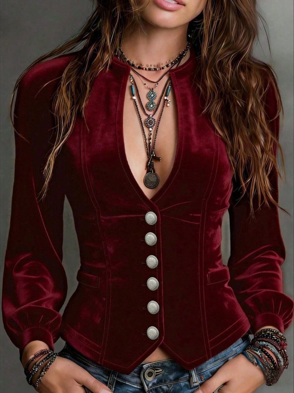 Burgundy Elegant Women's Plain Slim Fit Button Regular Sleeve V-Neck Blouse